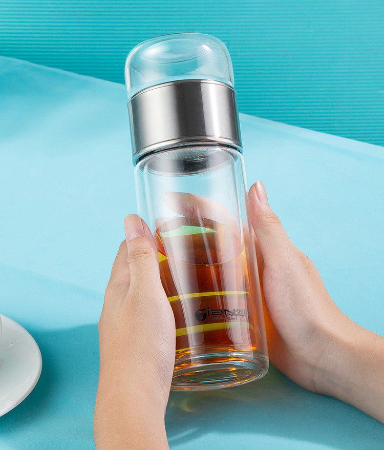 天喜(TIANXI) 玻璃茶杯 男女士双层玻璃水杯便携泡茶杯带滤网茶水分离杯商务办公茶杯420ml
