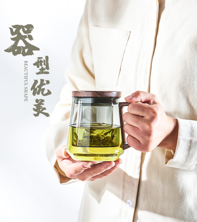 天喜 天喜（TIANXI）玻璃茶杯居家办公茶水分离杯带把带过滤木盖茶杯茶道杯圆趣TBL288-02-C