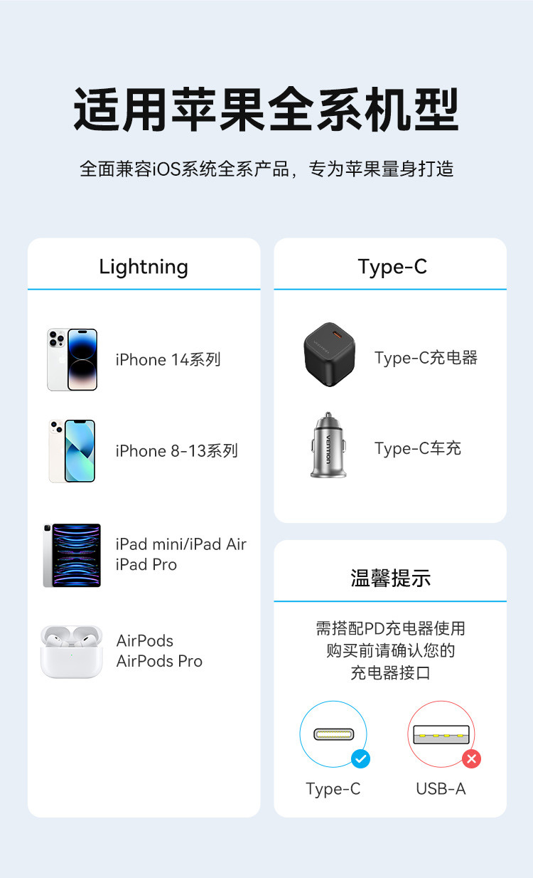  威迅 TAS系列USB2.0 C公对Lightning公3A数据线