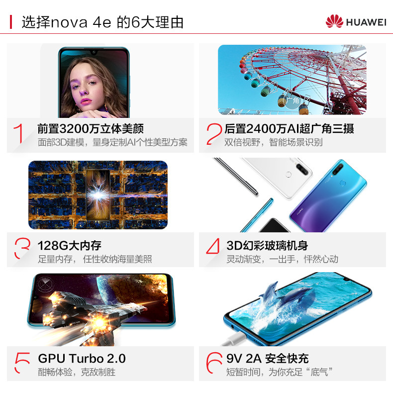 华为/HUAWEI nova 4e 三摄珍珠屏 4GB+128GB全网通版双4G手机