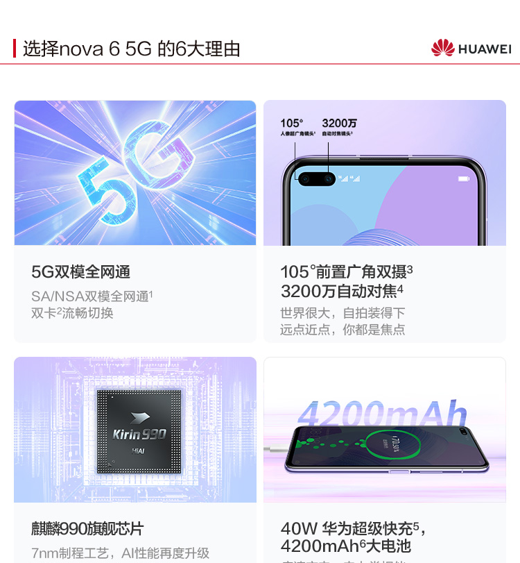 华为/HUAWEI nova6 5G 麒麟990芯片8GB+256GB 全网通5G手机 双卡双待