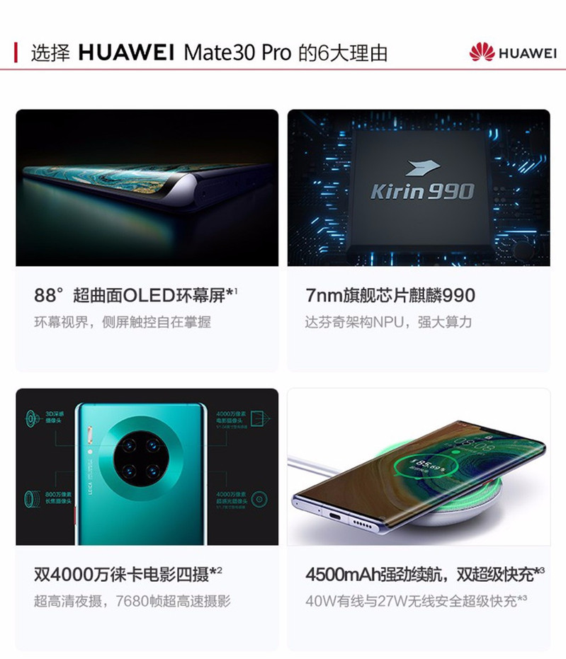 华为/HUAWEI Mate30 Pro 麒麟990旗舰芯片 4G全网通游戏手机 8GB+256GB
