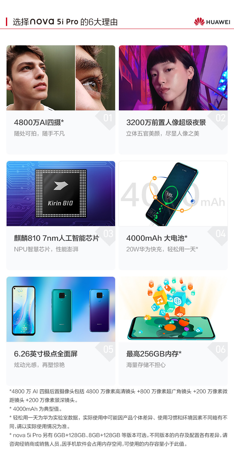 华为/HUAWEI nova5i Pro前置3200万人像超级夜景8GB+128GB全网通双4G手机