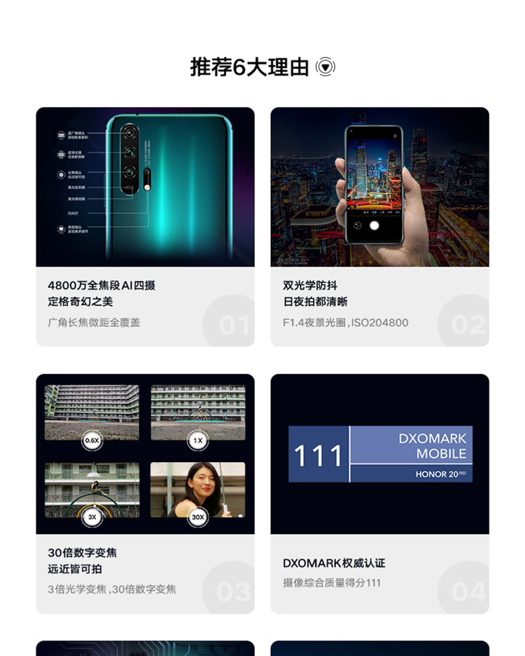 荣耀20 PRO 4800万全焦段AI四摄 双光学防抖 全网通4G拍照手机 8GB+128GB