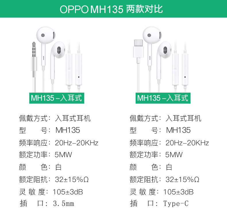 OPPO 原装有线耳机 3.5mm/Type-C接口 降噪耳机 MH135耳机