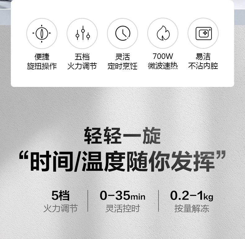 美的 微波炉21升家用小型迷你 360°转盘加热 旋钮操控五档火力 M1-L213B