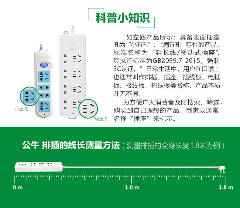 公牛插座接线板插线板拖线板插板独立开关四孔超功率过载保护S1043白色