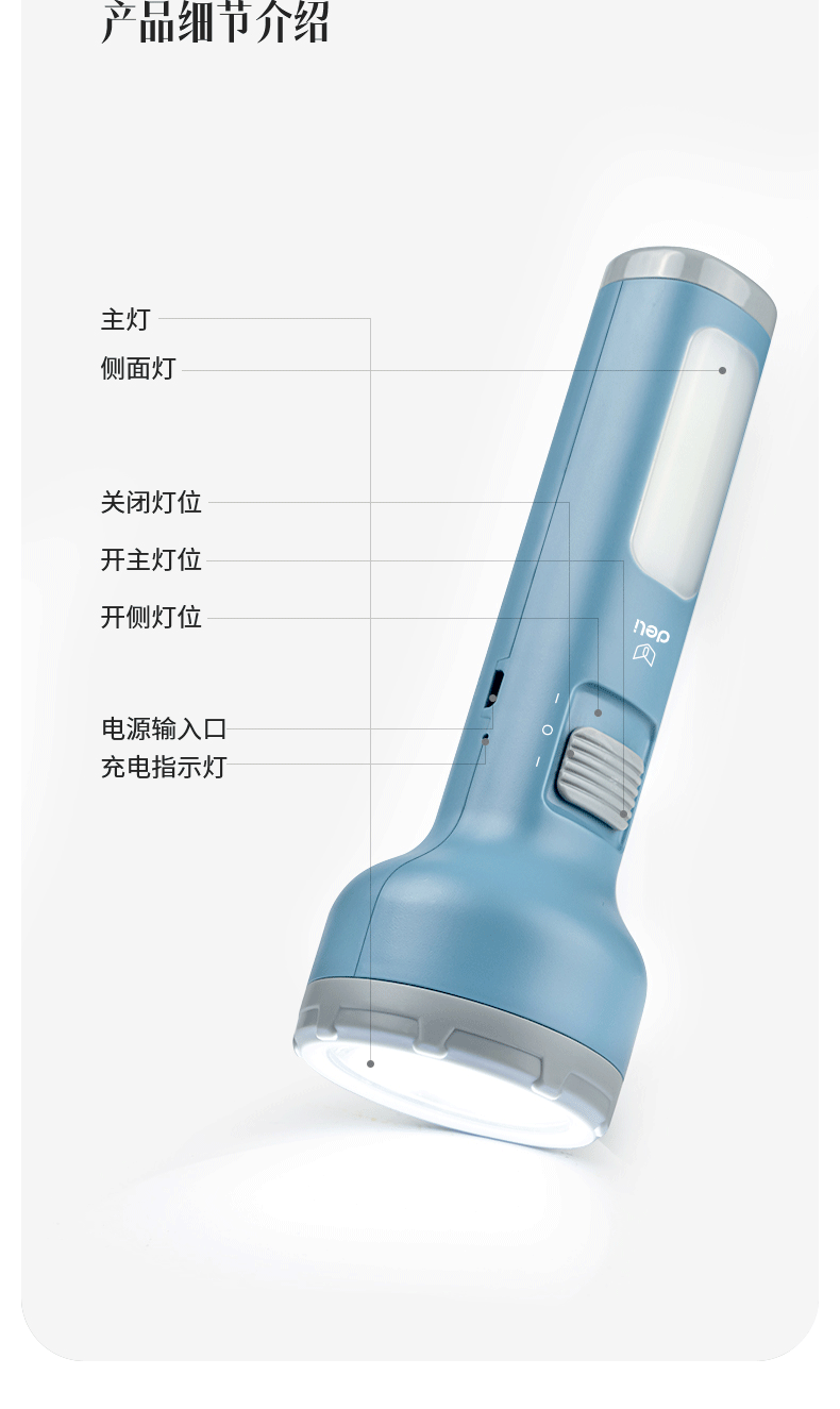 得力/deli 3663A锂电池LED手电筒强光户外迷你便携大号双照明多功能可充电 蓝色