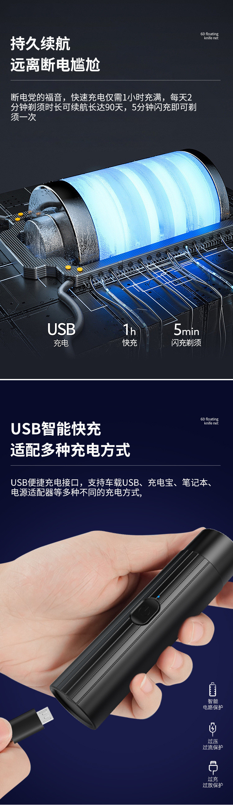 行科  6d便携式口袋剃须刀usb充电浮动刮胡刀 ABS款