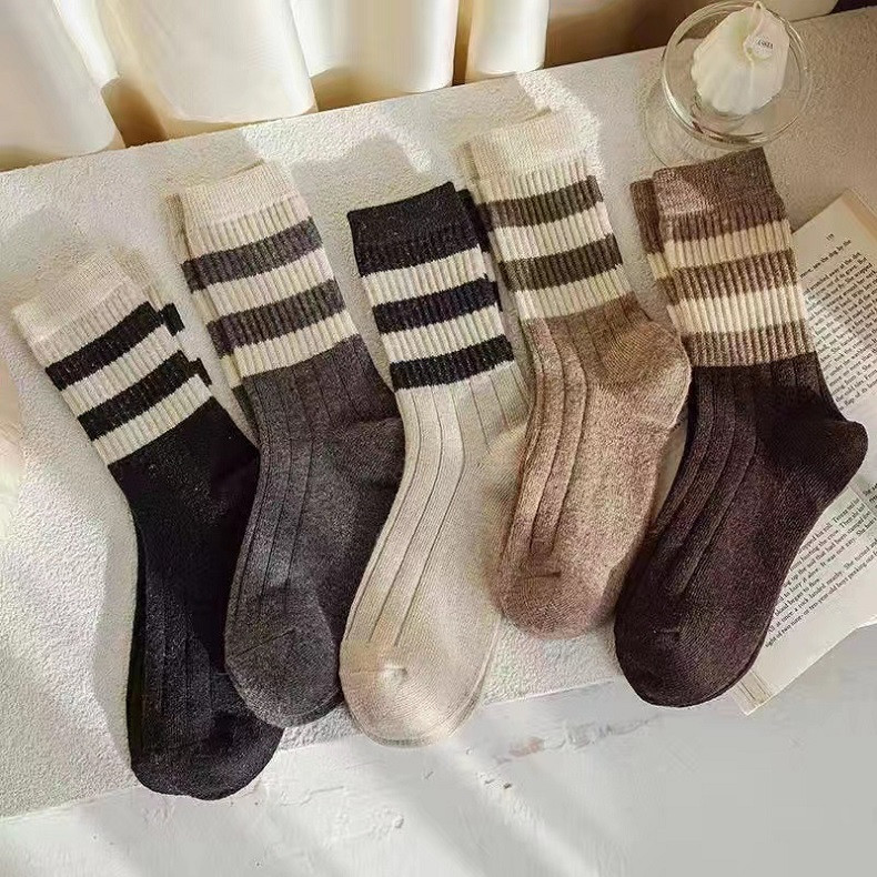 行科  秋季条纹袜子女百搭厚袜保暖堆堆袜中筒袜 五双五色简易包装