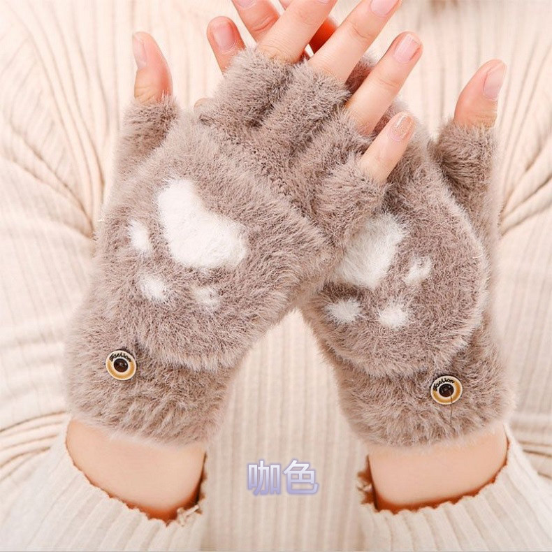 行科 可爱卡通猫爪手套冬季保暖加绒加厚半指翻盖女款针织手套