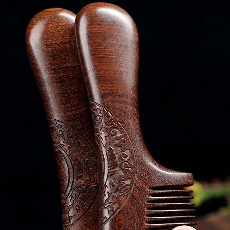 行科 檀木梳双面雕刻太阳花图案木质梳头发梳子约20cm