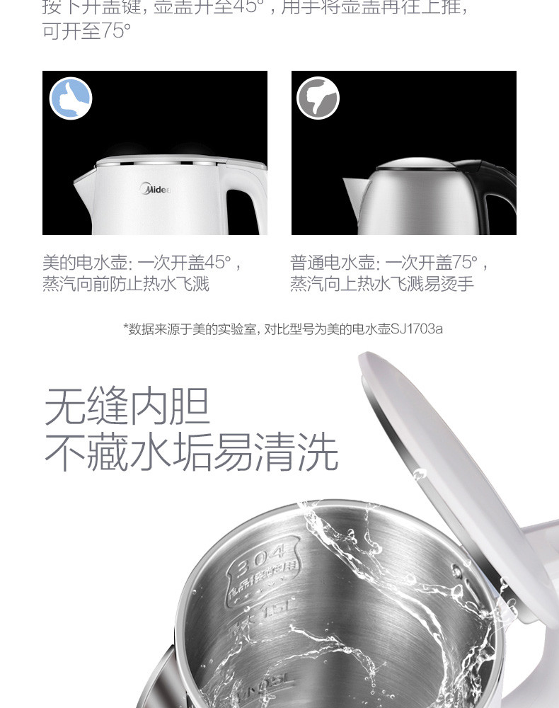 美的（Midea）304不锈钢电热水壶  双层防烫烧水壶MK-HJ1512（WHJ1512e）