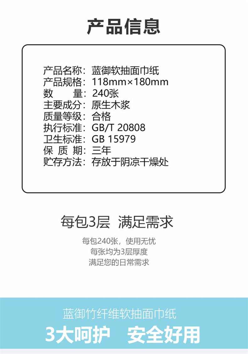 【32包原生木浆】蓝御240张32包 8包 木浆白色抽纸 餐巾纸巾家庭装卫生纸餐巾纸