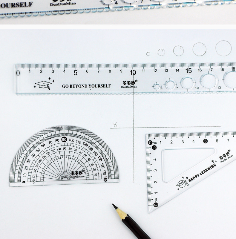 学生直尺套装4件套三角尺多功能透明塑料学习用品量角器可爱三角板四件套小透明绘图韩版学生文具用品批发