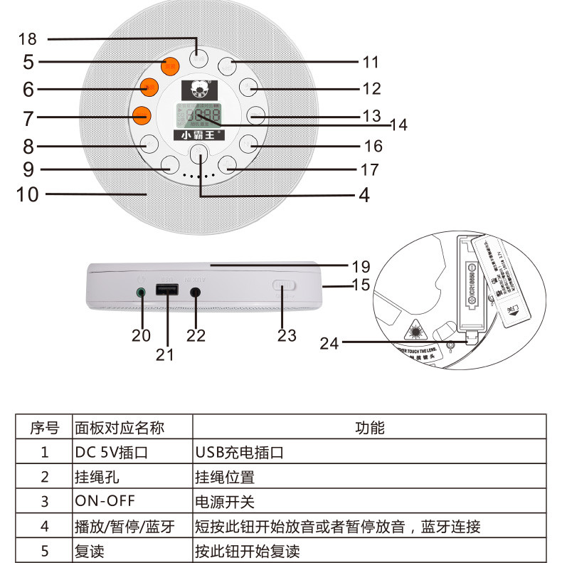 小霸王E100碟片复读机CD播放机MP3学生英语学习光盘播放机