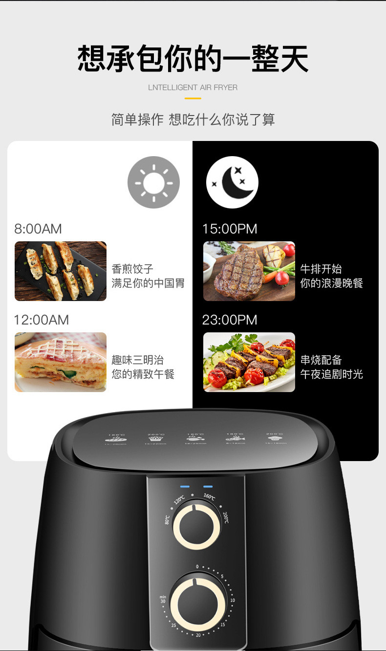 英国皇家品牌ZNC空气炸锅家用多功能智能全自动4升大容量无油空气炸锅黑色