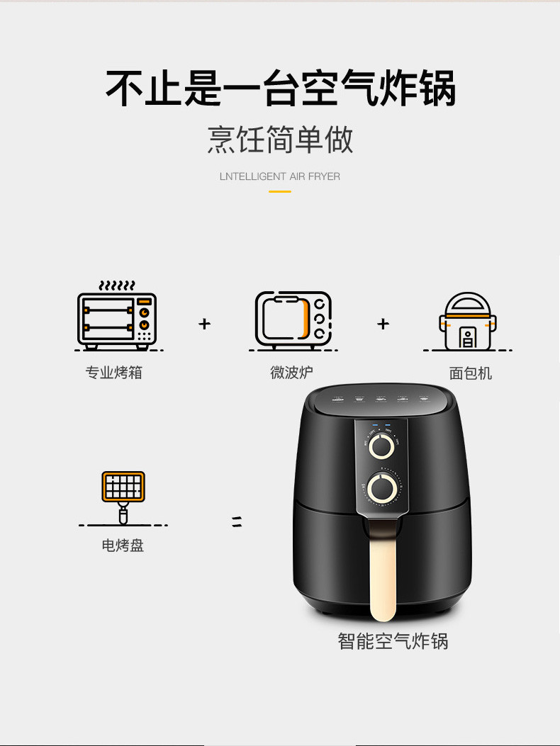 英国皇家品牌ZNC空气炸锅家用多功能智能全自动4升大容量无油空气炸锅黑色