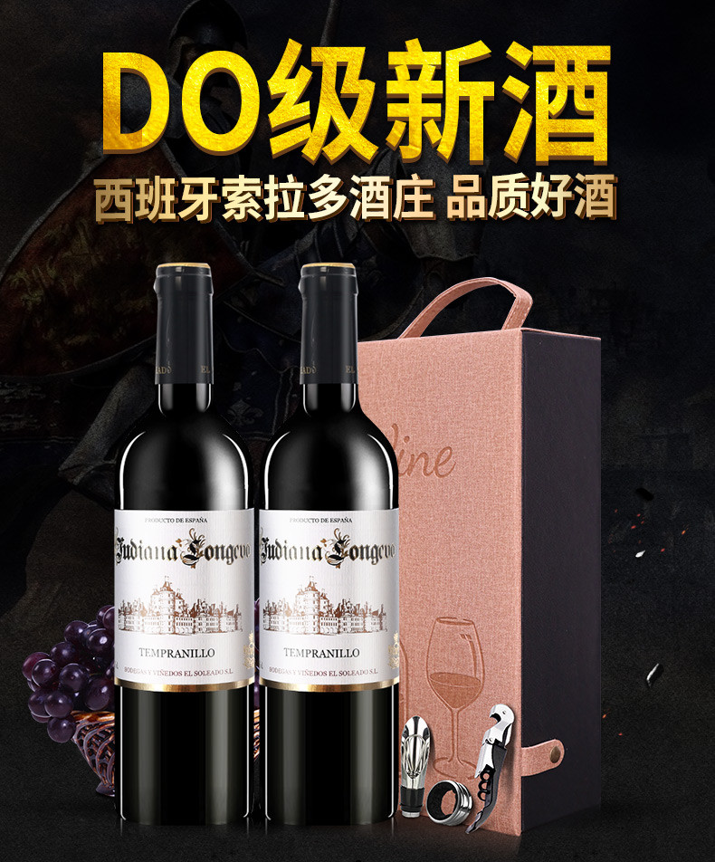 西班牙原瓶进口朗迪干红葡萄酒750ML*2法定产区DO级 纯丹魄精酿 皮箱随机发
