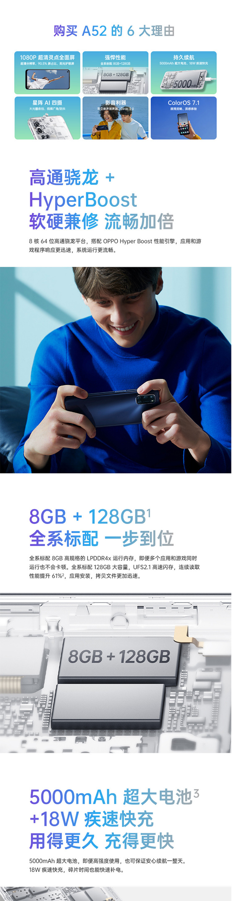 OPPO A52 8GB+128GB 全面屏拍照游戏智能手机 4G全网通