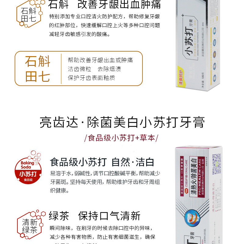 【48小时内发货】厂家直销 亮齿达 小苏打牙膏180克去渍护龈牙白素清热火清新口气牙齿炫亮