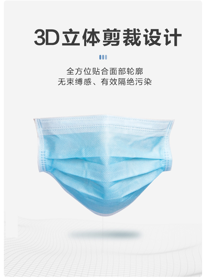 一次性口罩女男加厚防飞沫防尘透气蓝色三层中间熔喷布50只现货包邮