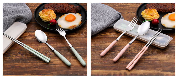 {三件套}小麦秸秆不锈钢套装成人勺子筷子叉学生便携式旅行餐具