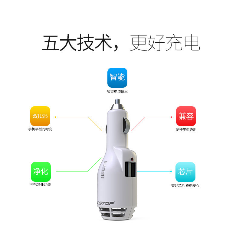 【券后特惠9.9元】NOSTOP汽车负离子空气净化器车充/正反插快速充电器/一拖三带点烟器车载充电器