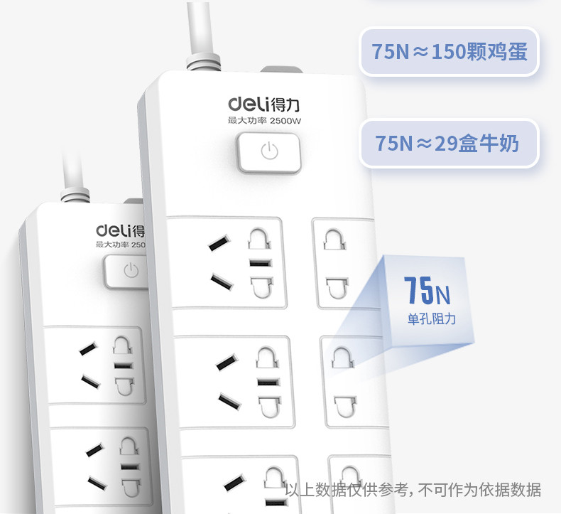 得力/deli 插座 插排/ 插线板/接线板/排插/拖线板  新国标 6位2米 总控开关 18255