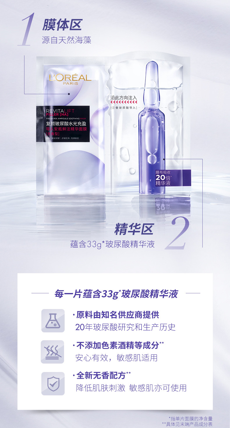 欧莱雅/LOREAL 复颜玻尿酸水光充盈导入安瓶鲜注精华面膜PRO 5pc