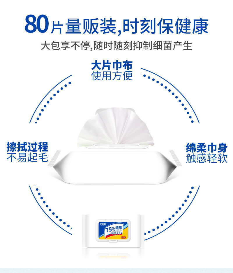 75%酒精消毒湿巾杀菌湿纸巾带盖80抽湿巾棉片一次性