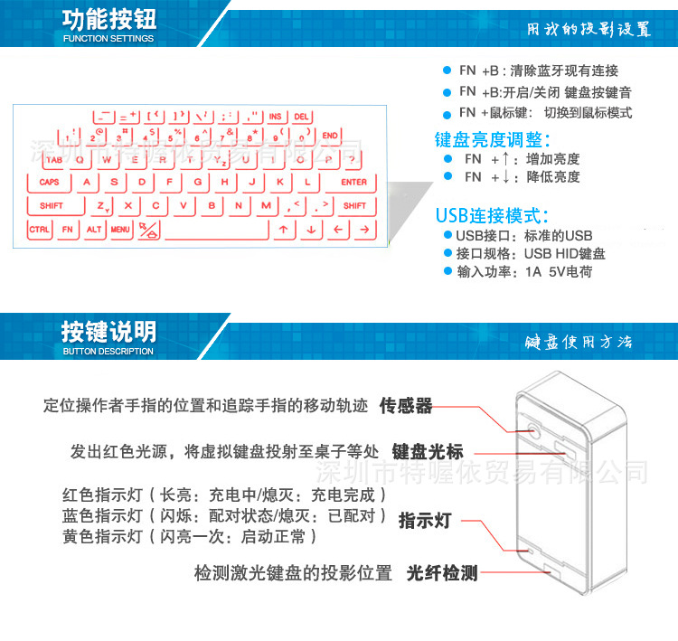 厂家直销升级版F1蓝牙无线激光镭射键盘虚拟投影音箱鼠标语音