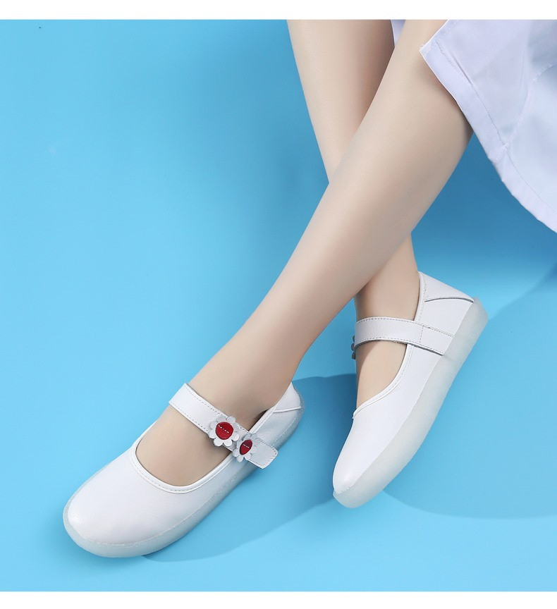 护士鞋防滑镂空透气软底舒适工作鞋白色圆头浅口单鞋魔术贴平底鞋41大码