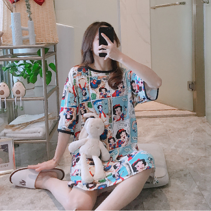 韩版睡裙夏季薄款学生可爱睡衣女2020新款中长款短袖卡通家居服
