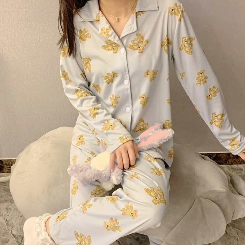 春秋季新款长袖套装睡衣女ins风可爱女生家居服开衫两件套