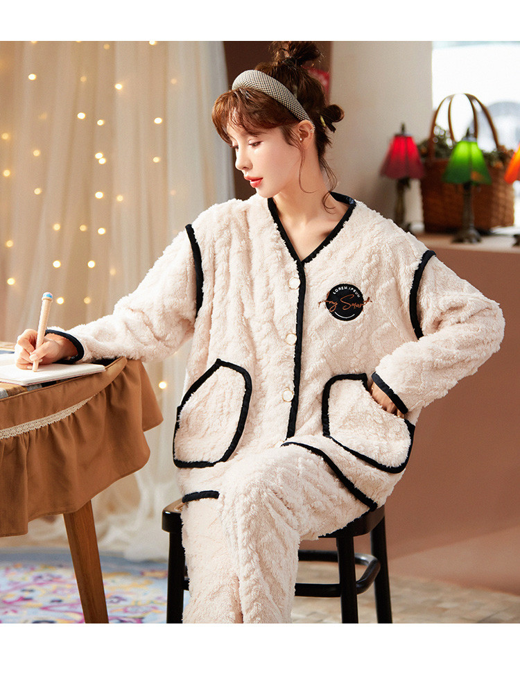 韩版提花珊瑚绒睡衣女秋冬季加厚绒甜美可爱法兰绒家居服套装