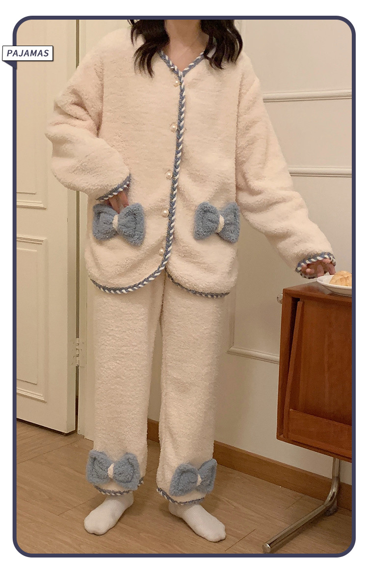 韩版睡衣女冬季加厚米粒绒简约甜美纯色可外穿家居服套装