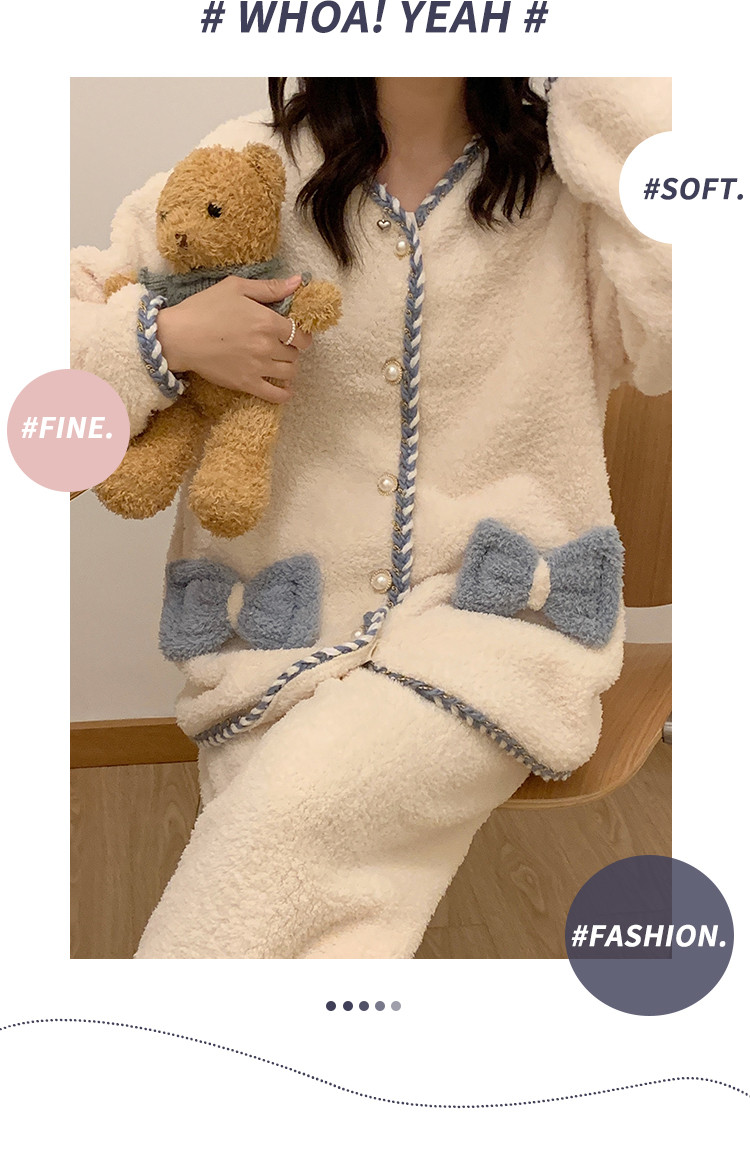 韩版睡衣女冬季加厚米粒绒简约甜美纯色可外穿家居服套装