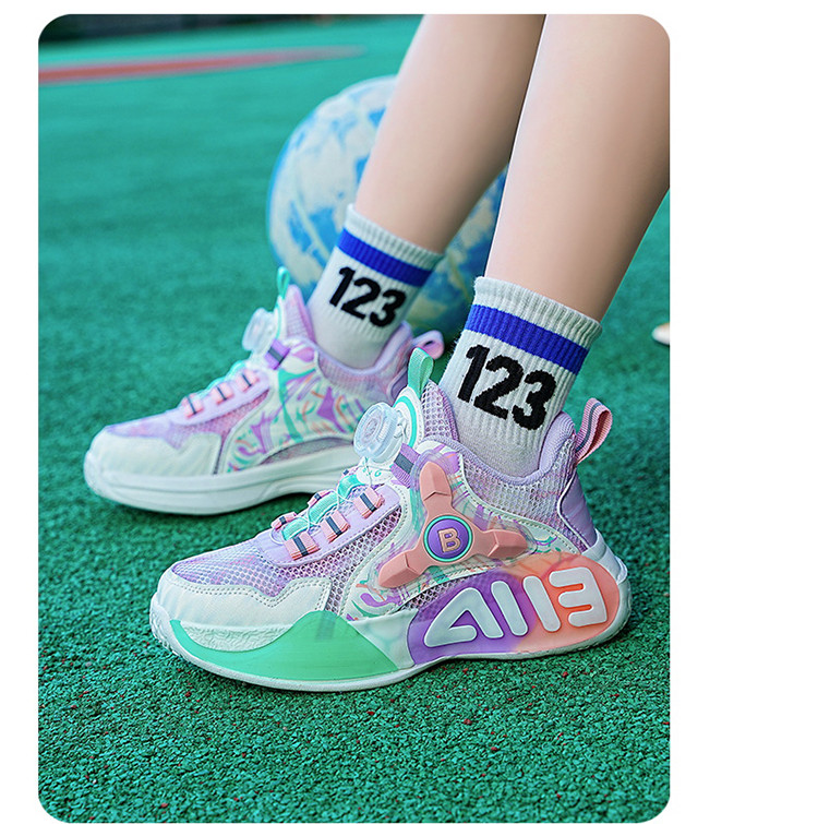 启言 女童鞋子2023新款爆款夏季儿童单网透气运动鞋中大童纽扣篮球网鞋
