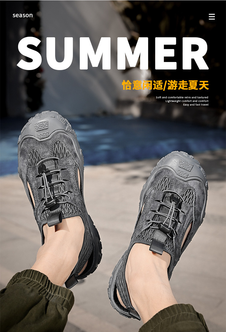 2023年夏季新款户外大头沙滩鞋男士休闲镂空透气真皮潮运动凉鞋子
