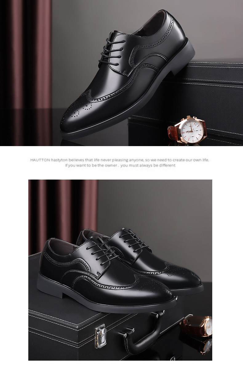 启言 新款男士商务正装皮鞋时尚英伦布洛克大码男鞋子外贸系带德比鞋