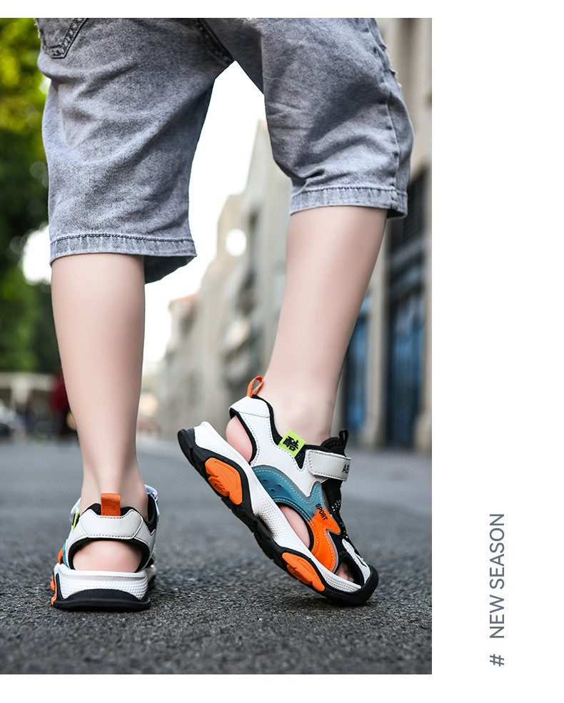 启言 儿童凉鞋包头夏季新款镂空透气外穿沙滩鞋免系带中大童男孩运动鞋
