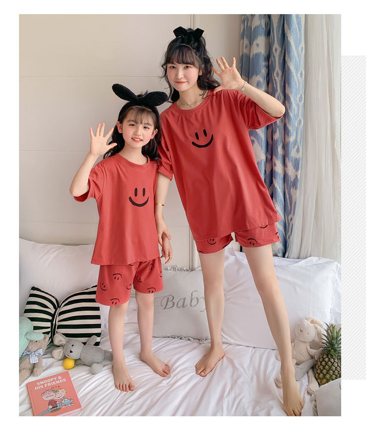 启言 夏季韩版睡衣女儿童可爱卡通短袖短裤亲子款母女棉家居服