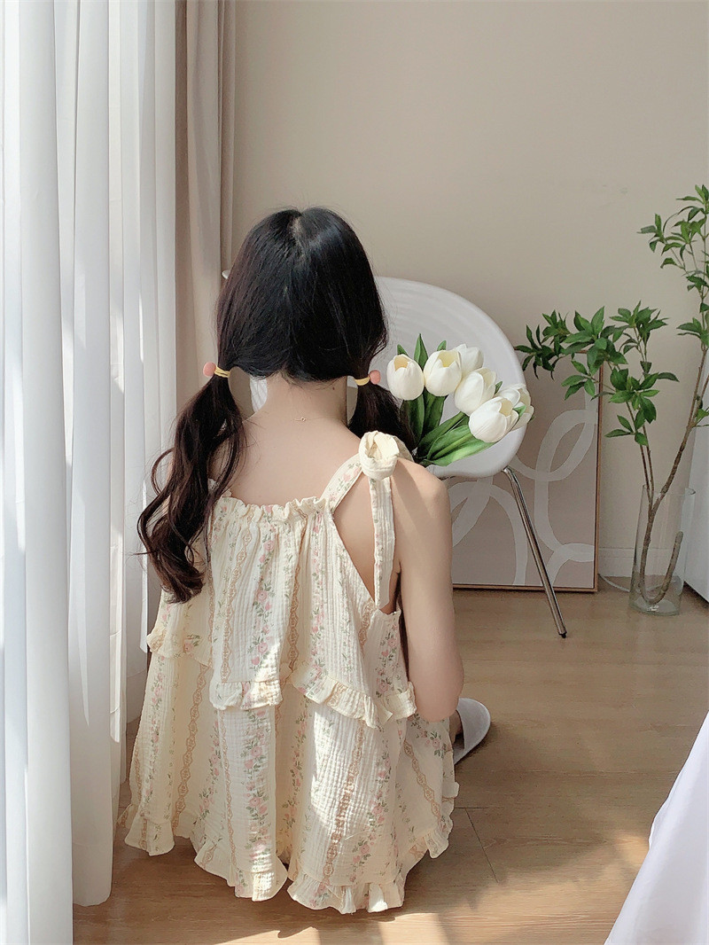 启言 韩国ins女士夏季新款睡衣韩系花色减龄套装休闲舒适连衣裙家居