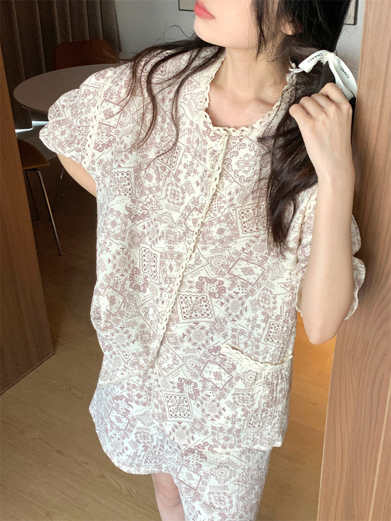 启言 季新款温柔复古日系翻领/花边领短袖家居服睡衣套装女