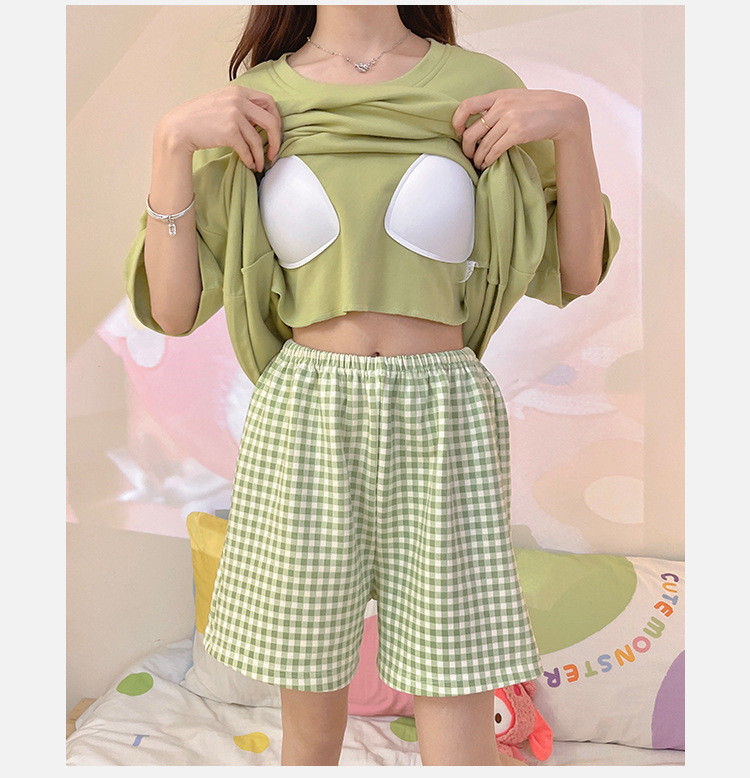 启言 新款夏天女士棉质带胸垫睡衣短袖短裤套装夏季家居服绿色条纹