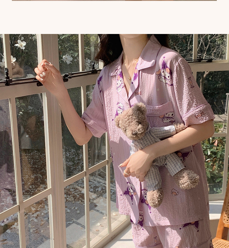 启言 夏季新款泡泡绉甜美可爱印花短裤短袖可外穿家居服套装