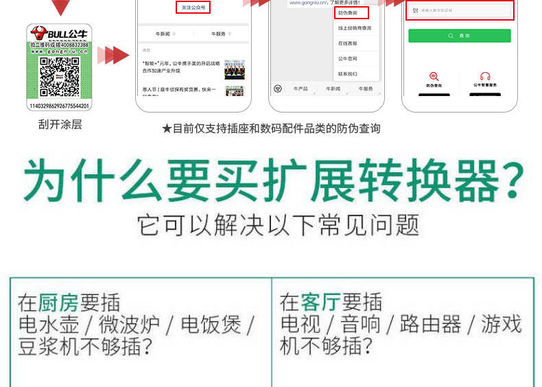 公牛插座转换器插头无线插排插板多功能一转多用电插线板接拖线板