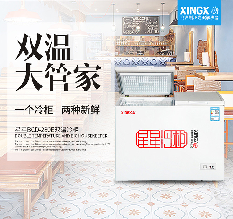 XINGX/星星 BCD-280E 家用商用冷柜冷藏冷冻大冰柜卧式双温柜节能
