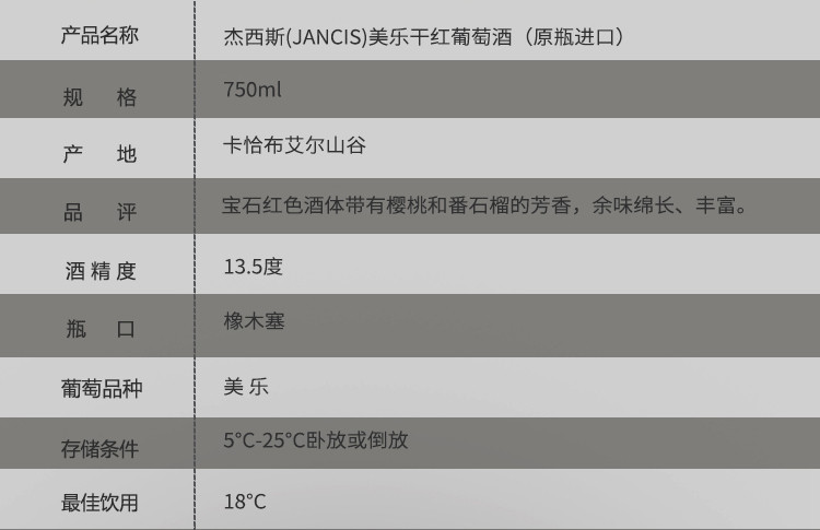 【智利原瓶进口】杰西斯·美乐干红葡萄酒 750ml 单支装